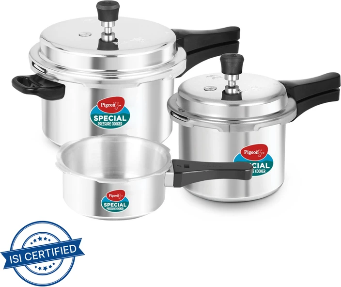 Prestige 2L+3L+5 Litres Svachh Outer Lid Aluminium Combo Pressure Cooker with 2 Lids |Deep Lid Controls Spillage | Gas & Induction Compatible | Anti-Bulge Induction Base| Gasket-release system